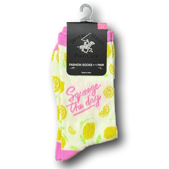 Beverly Hills Polo Club Accessories - 3/$15 Glitter Lemons "Squeeze The Day" Funny Novelty Crew Socks - NWT